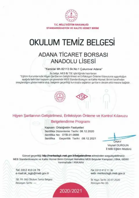 Adana Ticaret Borsası Anadolu Lisesi - OKULUM TEMİZ BELGESİ