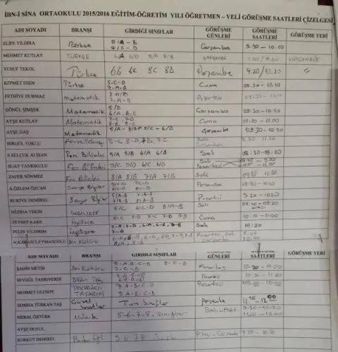 İbn-i Sina Ortaokulu - veli görüşme saatleri
