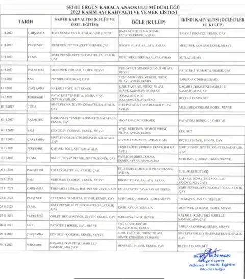 Şehit Ergün Karaca Anaokulu - 2023-2024 Beslenme Listesi
